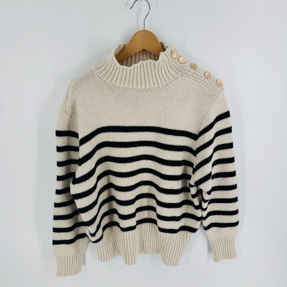Goodnight Macaroon Striped Mock Neck Sweater Cream Navy Gold Size S Nautical